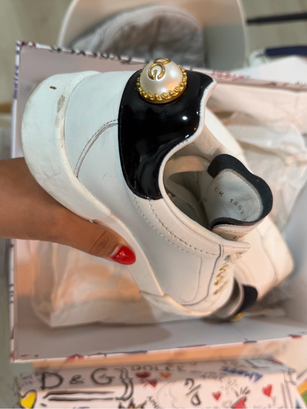 Dolce & Gabbana White Leather Sneakers with Black Heel Accent and Gold Hardware - Picture 5 of 7